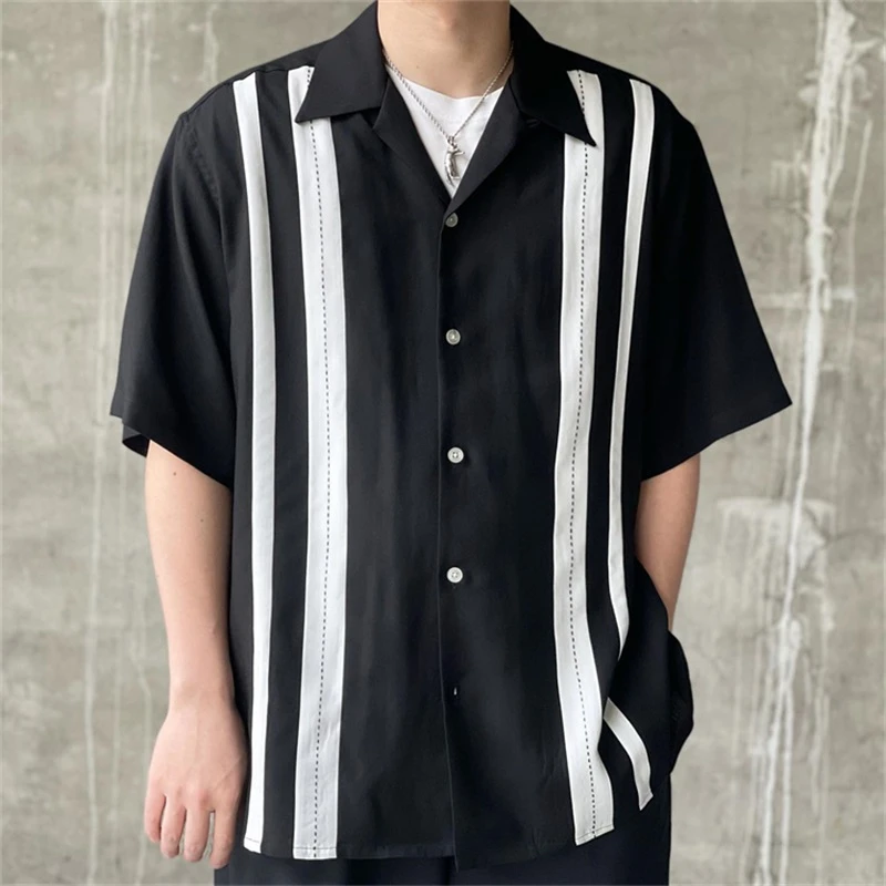 

2023 Summer WACKO MARIA Stripe Shirts Men Women Black White Patchwork WACKO MARIA Beach Hawaiian Shirt Top Tee