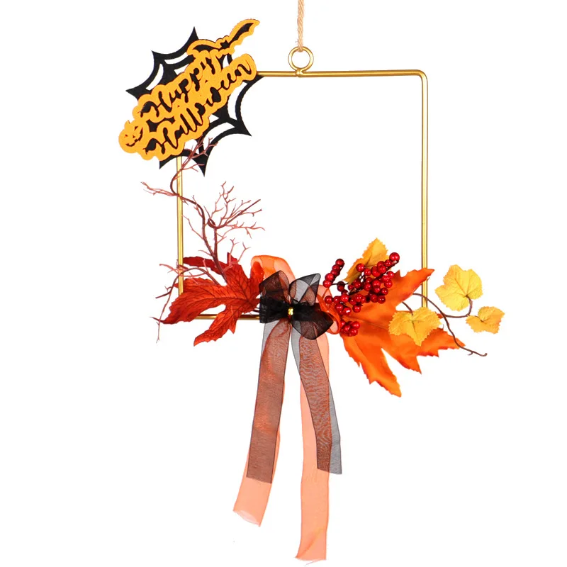 

Настенный кованый железный венок на Хэллоуин, украшение с имитацией кленового листа, красных фруктов, из кованого железа, для Хэллоуина