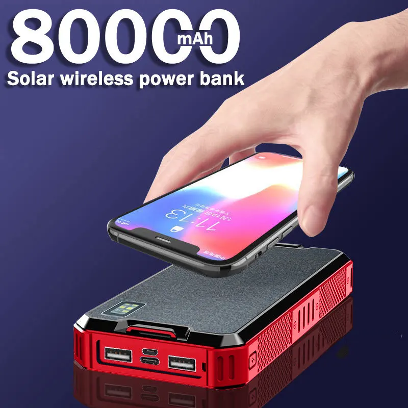 Solar Power Bank 80000mAh Portable Wireless Fast Charging Outdoor SOS External Battery With Flashlight For Xiaomi iPhone