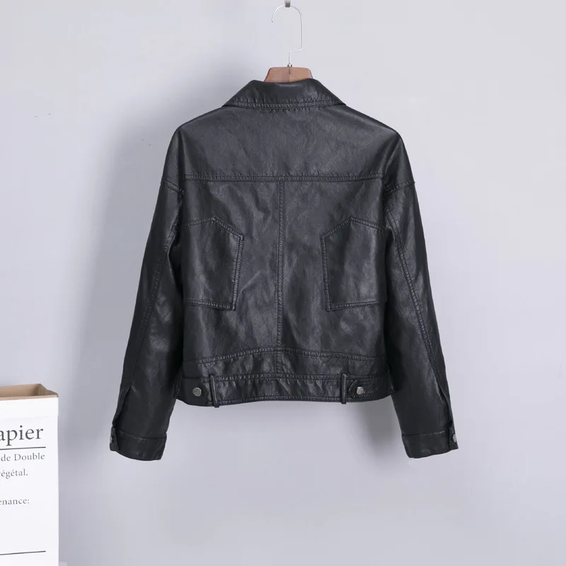 Single breasted lapel large pocket leather coat 2023 spring new short high waist coat small leather jacket