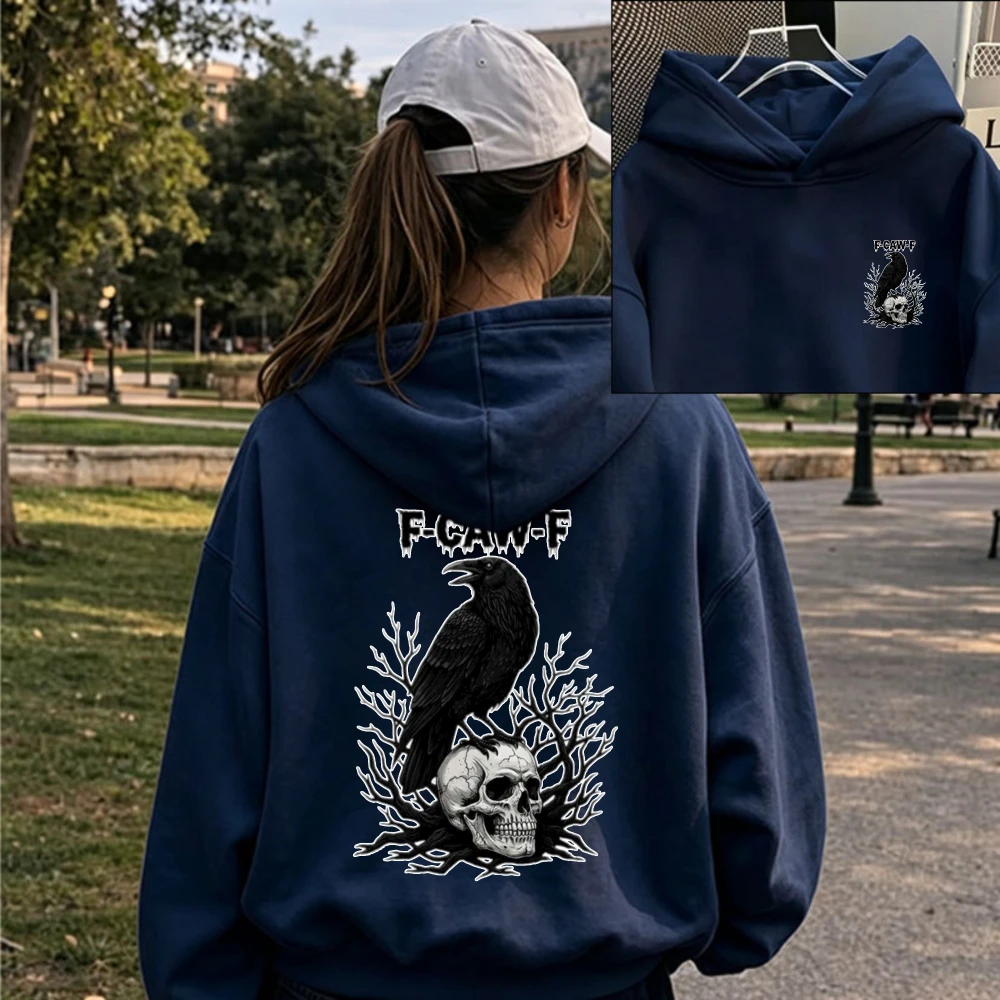 Фото F‑CAW‑F Толстовка с капюшоном в темном готическом стиле с изображением вороньего черепа спереди и крупным узором в виде скелета кро №3