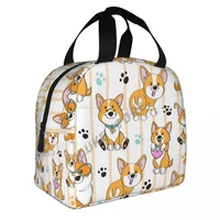 cute dog corgi on a striped insulated lunch bags print food case cooler warm bento box for kids lunch box for school