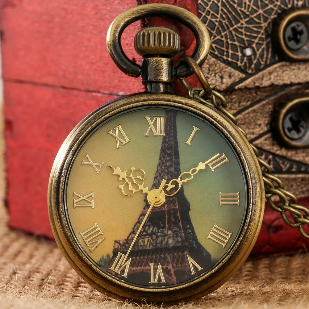 Аналоговые кварцевые карманные часы с открытым циферблатом, Эйфелева башня, золотые римские цифры, лучший подарок для мужчин и женщин, часы с бронзовым покрытием 80