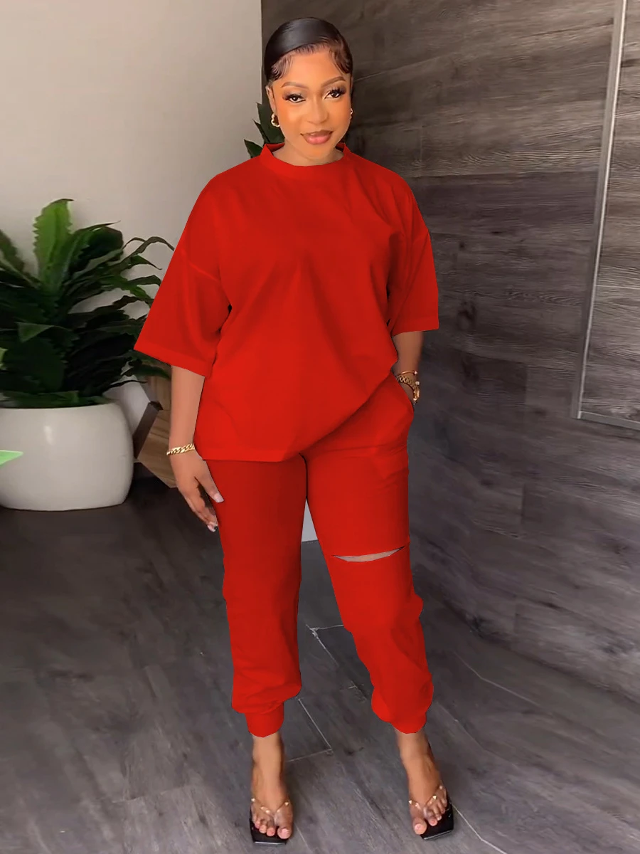 

Летний женский однотонный повседневный костюм с круглым вырезом, свободная футболка с рукавом до локтя, топ с вырезами и брюки, костюм из двух предметов, спортивный костюм