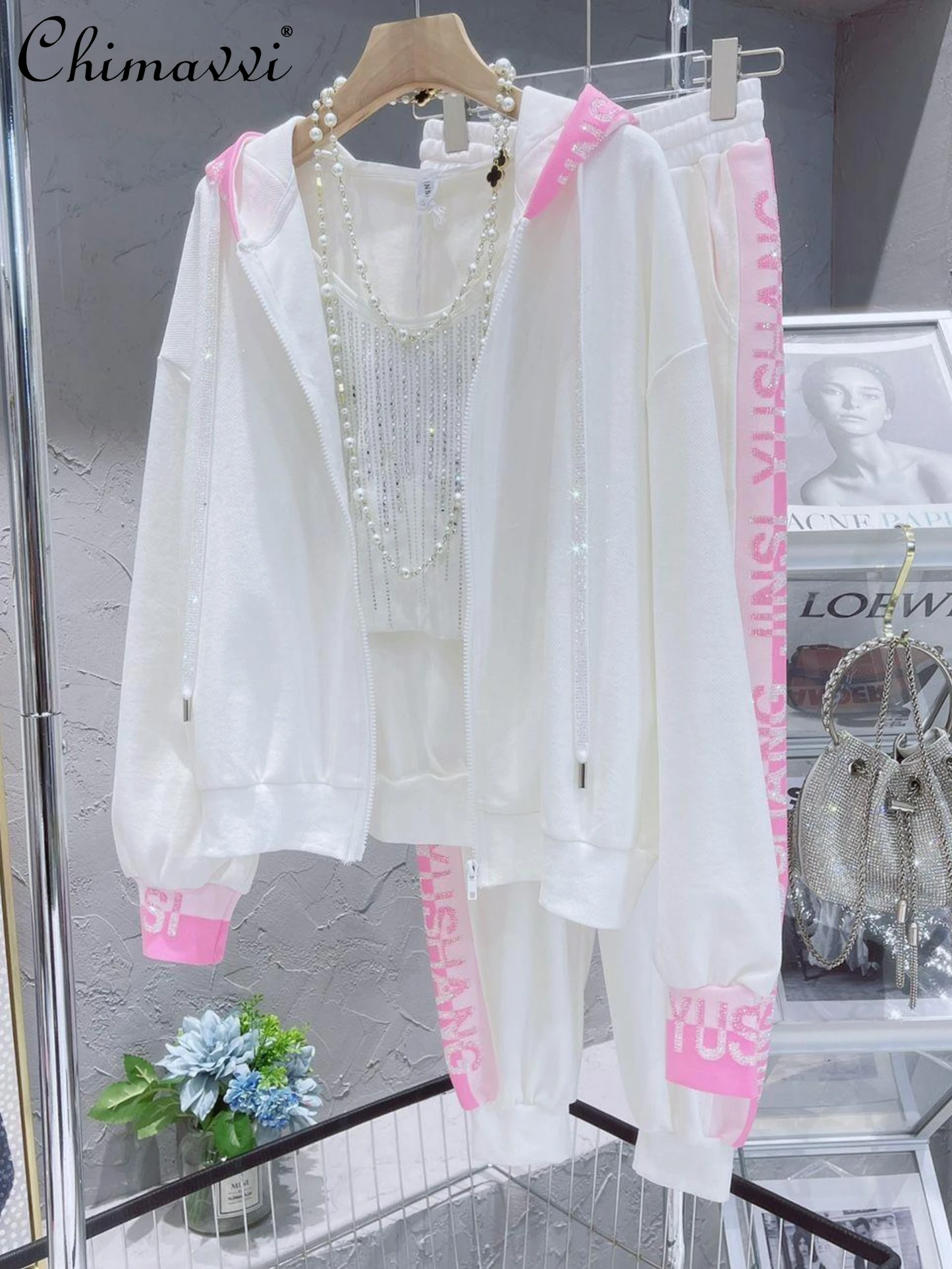 

White Sportswear Suit Women's Loose Korean Casual Fashion Pink Diamond Long Sleeve Hoodies Coat Casual Pants Sweet Two-Piece Set
