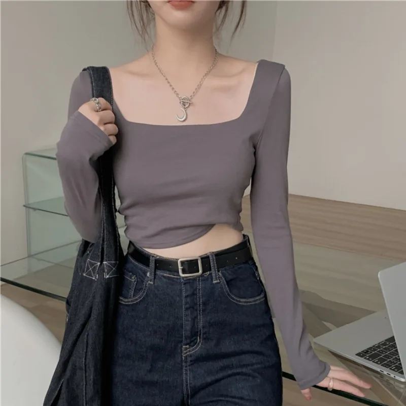 

Square Neck Tops Female Sexy Slim Fit Inner Layering Undershirt Fashion Solid Long Sleeved T-shirt Y2k Spice Girls Street Mujer