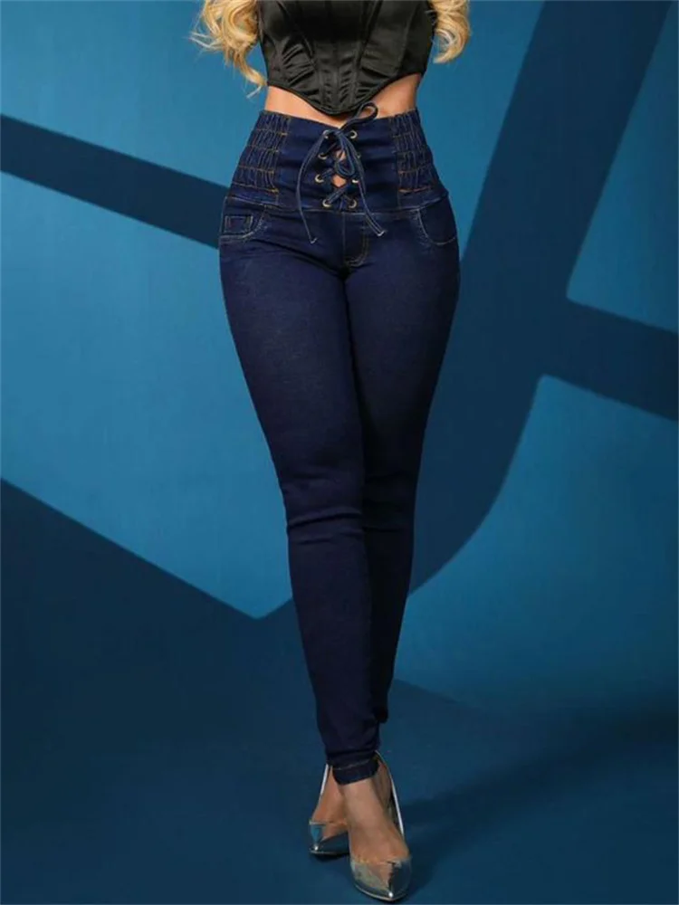 

Женские узкие джинсы с завышенной талией, повседневные Простые Модные женские джинсовые брюки с люверсами, шнуровкой и карманами, 2023