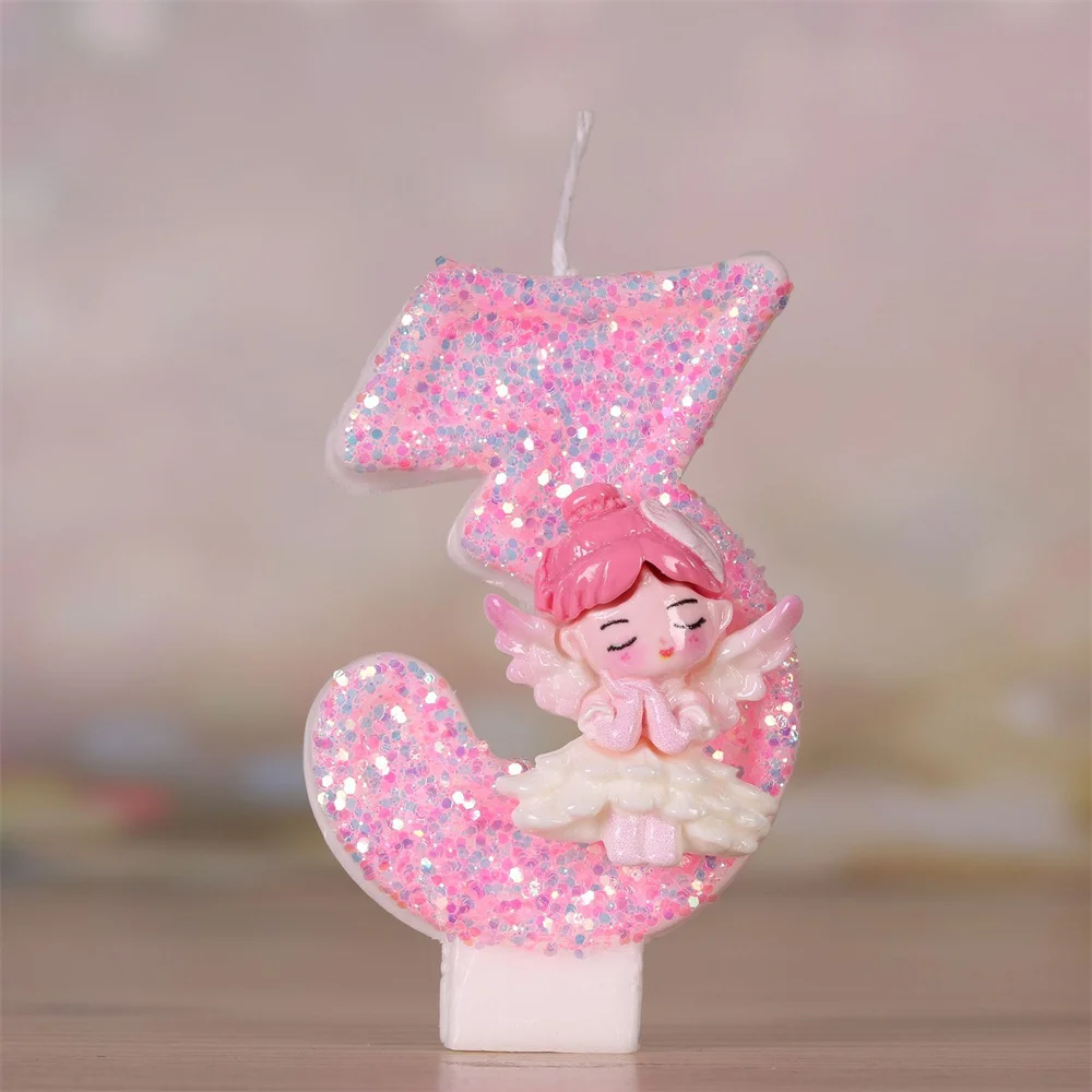 1 шт. свечи в виде розового ангела для дня рождения удлиненные 0-9 свечей 3D-дизайн