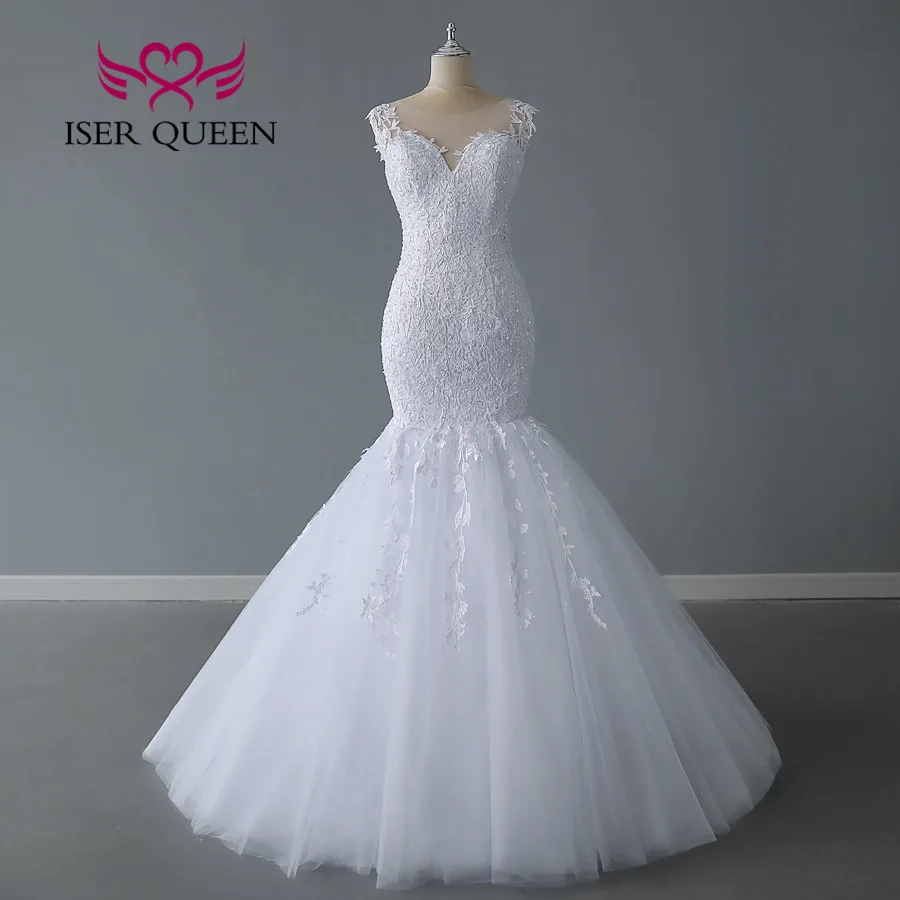 

Sheer Neck Sleevless Tulle Mermaid Wedding Dresses Lace Appliques With Pearls Beaded Simple Wedding Gown Bride Dress WX0284