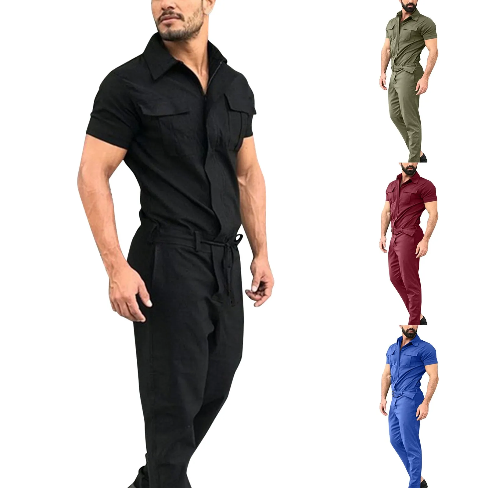 

With Pockets Zipper Solid Men's Spring Color Tooling Lace-up Pants Jumpsuit Short-sleeved And Summer Rompers Men's pants