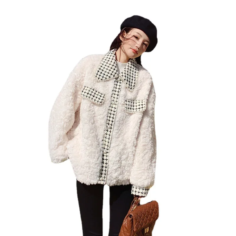 CHECK PATTERN SHORT LAMB WOOL COAT Autumn Winter