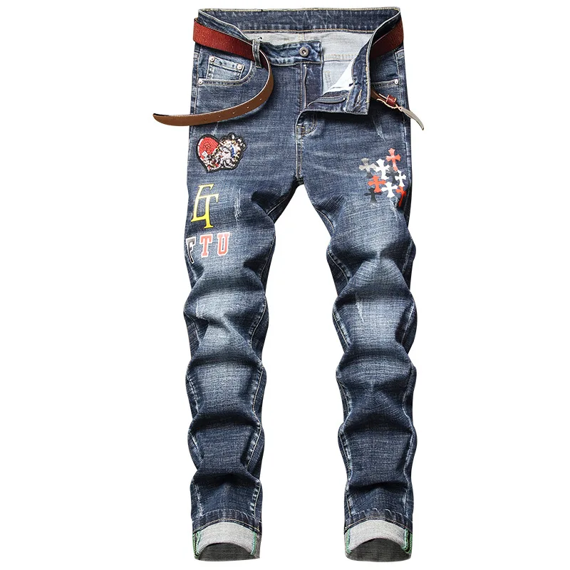 Four Seasons Men's Jeans Embroidered Print Frayed Hole Skinny Jeans Men Slim Trousers Fashion Streetwear Mens Ins Hot Sale JEANS