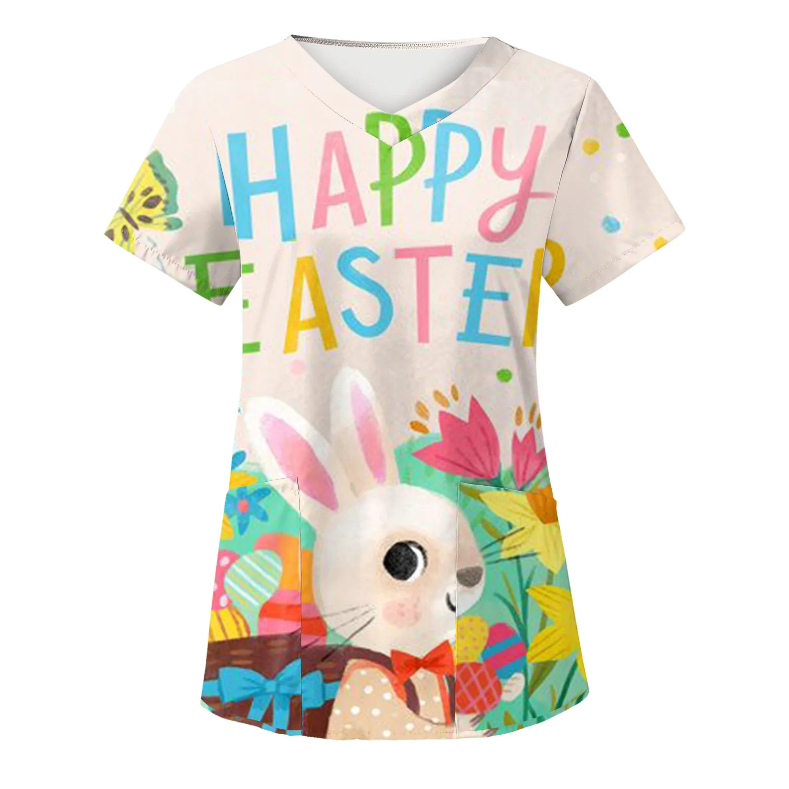 

Easter Day Nurse Uniform Scrubs Women Bunny Rabbit Graphic Funny Letter Print Short Sleeve Medical Healthcare Workwear Uniforms