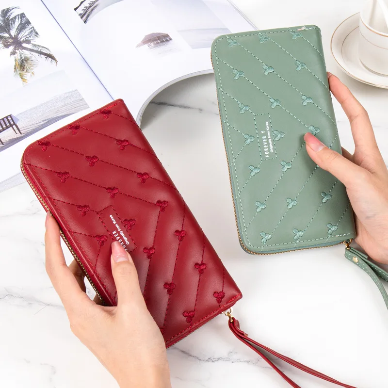 Long PU Hand Bags Credit Card Holder Green Purse Tarjetero Embroidered Designer Bags Luxury Women Wallet Billeteras para mujer
