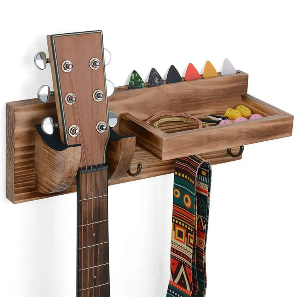 

Wooden Guitar Hanger Shelf with Pick Holder Hanging Rack Wall Hanger Mount