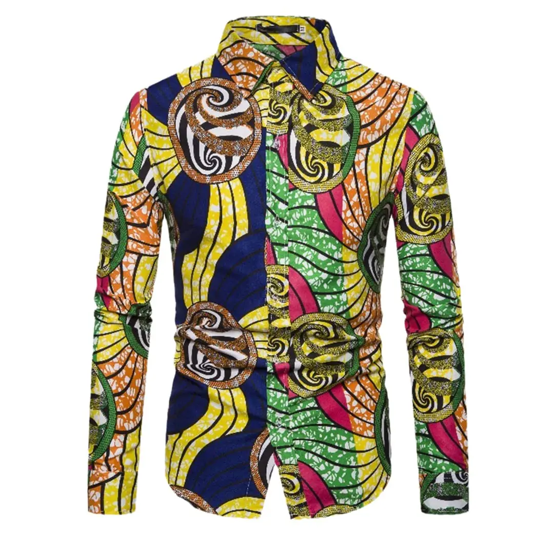 Фото Mens African Print Dress Shirts Cause and Effect Pattern Button Press Long Sleeve Shirts Mens African Long Sleeve Shirts №2