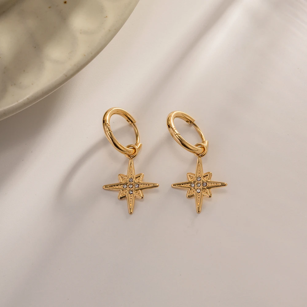 

Vintage 14K Gold Octopus Stainless Steel Dangle Earrings For Women Creative Inlay Five Zircons Hoop Earrings Ladies Drop Earring