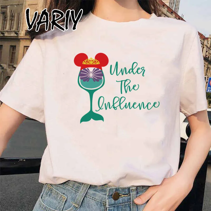 

Anime The Little Mermaid Print T-shirt Women Casual Wine Glass Short Sleeve Disney Princess Streetwear Tops Women 2022 Punk