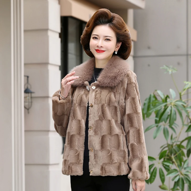 2022 New Autumn Winter Middle-aged Women Fur Collar Mink Fleece Coat Thicken Woolen Outwear Warm Tops