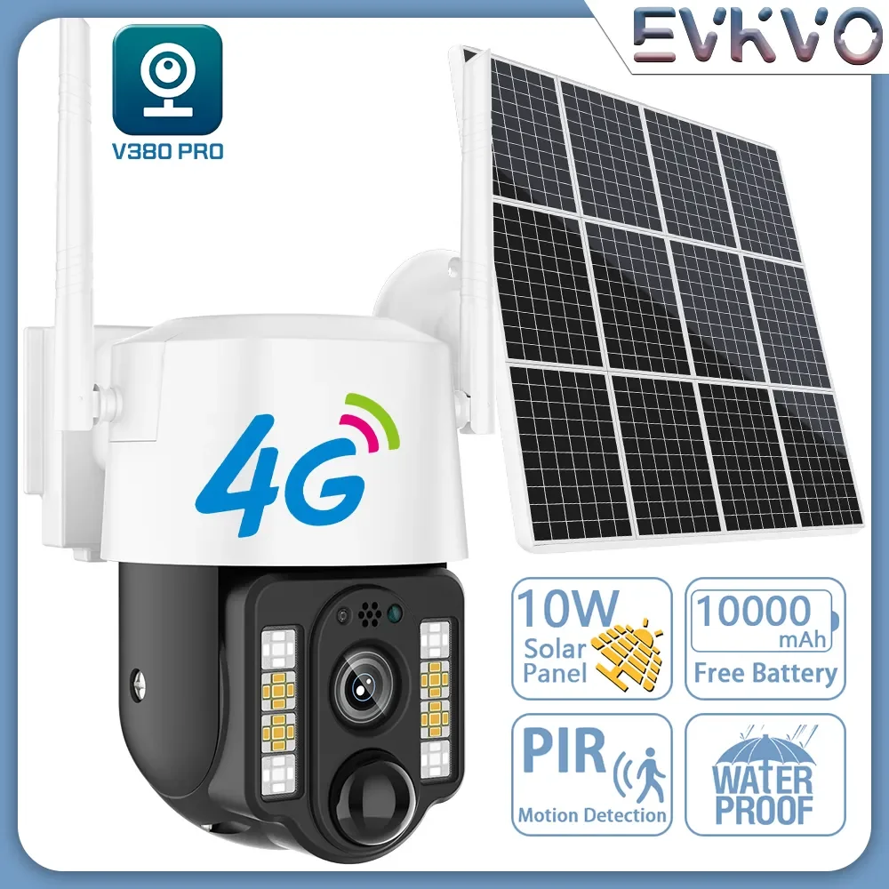 

NEW2023 EVKVO 5MP CCTV PIR Motion Detection 10W Solar Surveillance Camera 4G SIM Card PTZ IP Camera Waterproof 30M Colorful Nigh