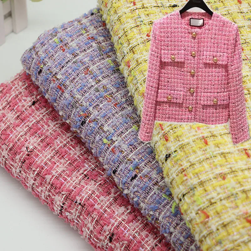 

50x145cm Lattice Ribbon Sequins Yarn-Dyed Tweed Fabric For Woman Autumn Jacket Dress Suits Coat Skirt DIY Cloth Sewing