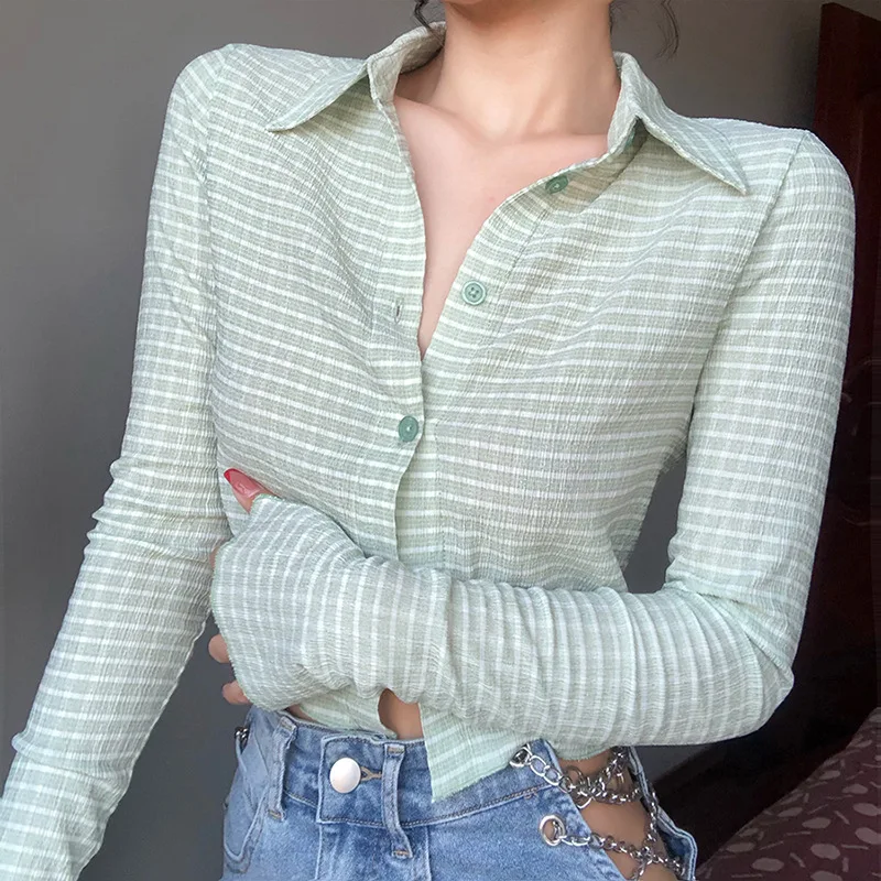 

Женская облегающая однобортная футболка в стиле ретро с длинным рукавом и воротником в клетку, однобортная футболка с длинными рукавами, ве...