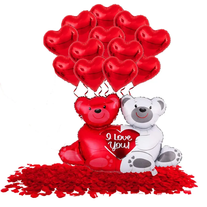 

16pcs/Set Giant Hugging Bear Fration Petal For Valentines Day Wedding Party Giftoil Balloons 18inch Red Heart Ball Romantic Deco