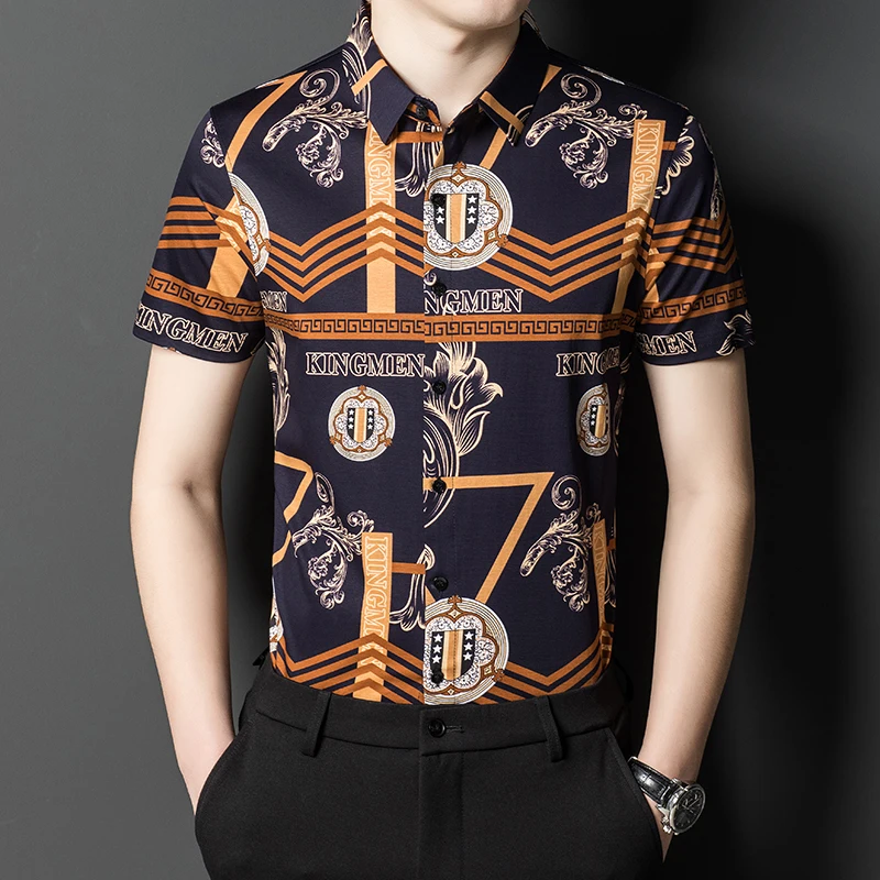 

High End Men's Shirts Classic Lapel New Top Grade Soft 100%Cotton Fashion Casual Short Sleeve Slim Fit Printing Business Korean