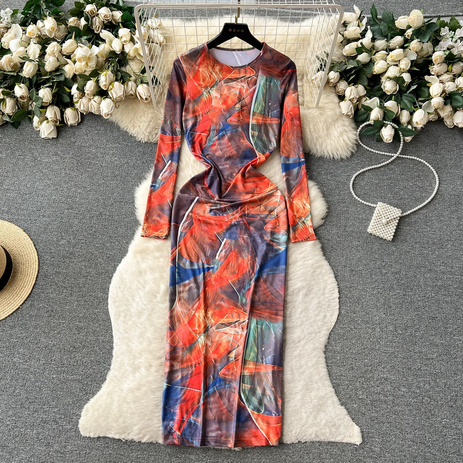 

Chic Elegant Tie-dye Print Hotsweet Bodycon Dress Sexy Fashion Vestidos O-Neck Long Sleeve Slim Autumn Goth Pencil Dress