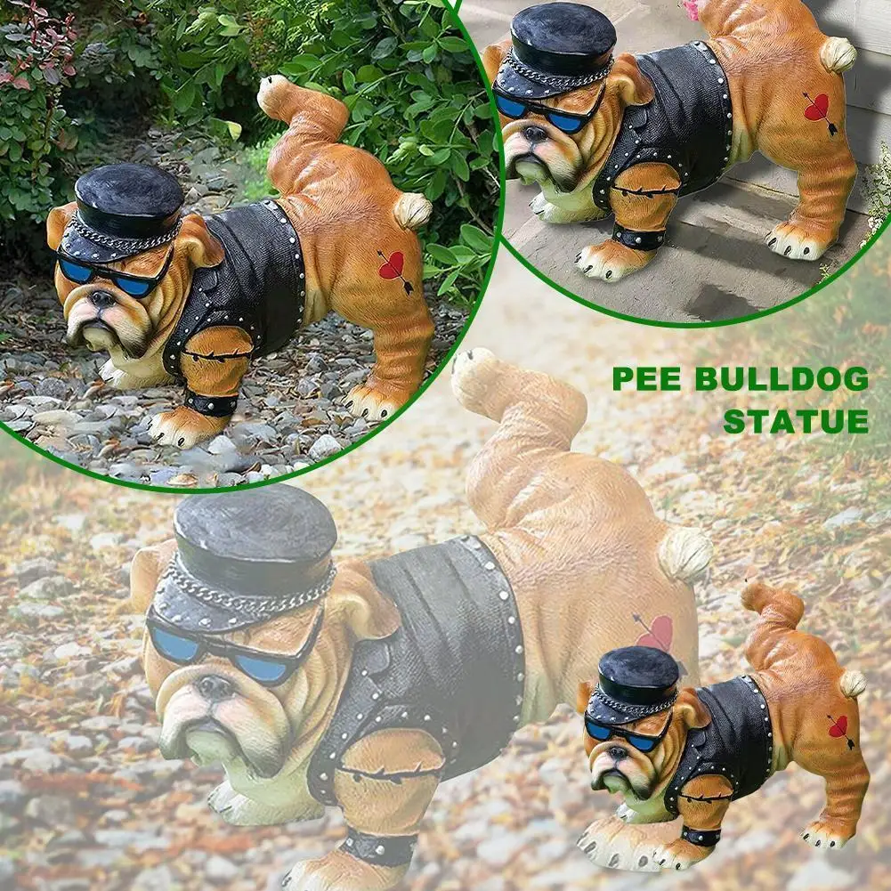 

New Guy Bulldog Peeing Dog Statue With Sunglasses Funny Sculpture Gnome Decoration Nordic 2022 Cap Garden An S9n1