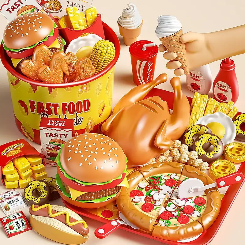 Children Kitchen Girl Toys Simulation Make Hamburger Pizza Fries Pretend Play Food Cooking Cutting Game Party Activity