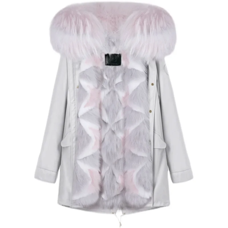 OZ Women's Winter Real Fur Coats Parkas Women Detachable Liner Jacket Overcoming Hood Fur Coat Genuine Fur Coat Women