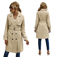fashion women casual solid color trench coat ladies elagant fashion long sleeve lapel neck double breasted belted trench coat