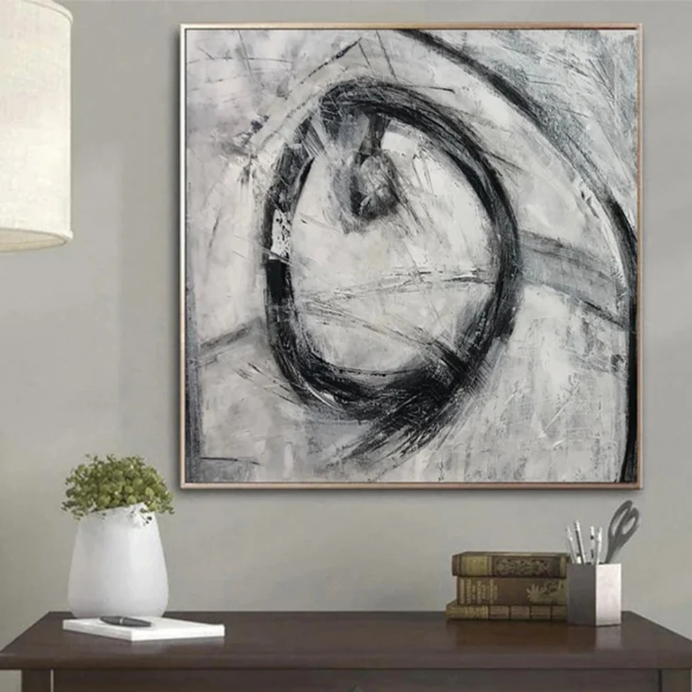 

Large Abstract Circle Black And White On Canvas Modern Oil Painting Textured Minimalist Ukraine Artists For Indie Room Decor