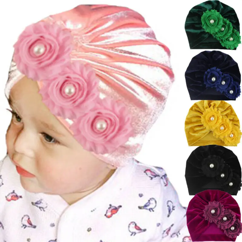 

Baby Boy Girl Indian Turban Twist Knot Velvet Beanie Hat Newborn Kids Pearl Flower Solid Soft Cap Baby Accessories