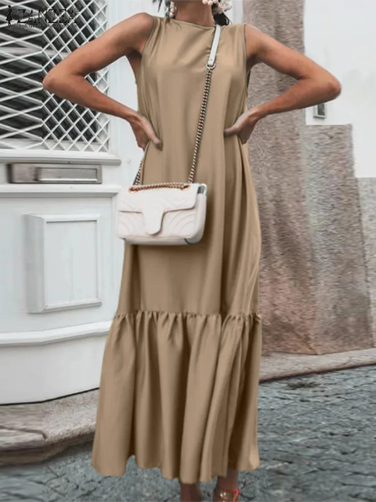 

ZANZEA Summer Sleeveless Maxi Dress Women Casual Loose Round Neck Pockets Long Robes Holiday Steeetwear Ruffled Hem Vestidos
