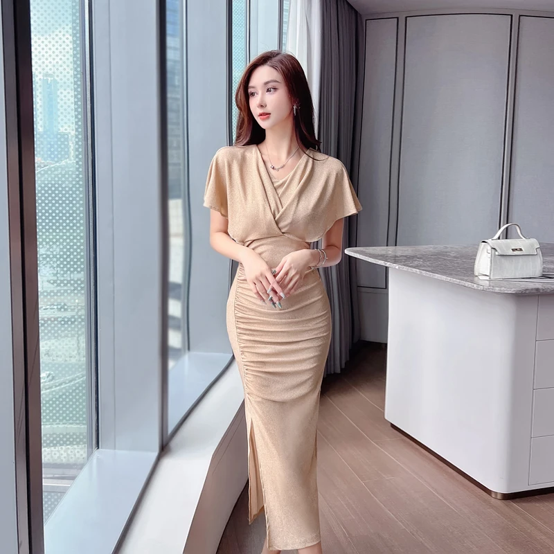 Купи Waist Woman Dresses Ladies 2022 Fashion Women V Neck Elegant Medium and Long Feifei Sleeves Green Dress Hip Wrap Womens Clothing за 1,860 рублей в магазине AliExpress