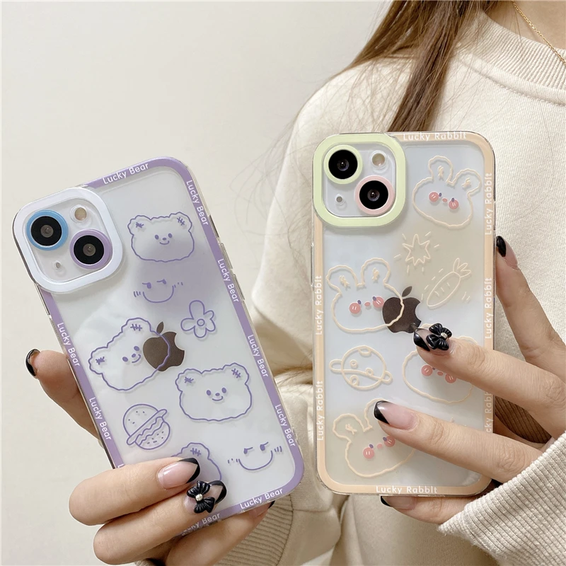 

Cartoon cute bear rabbit Phone Case For iPhone 12 13 Mini 11 12 13 Pro Max Soft Clear TPU Back Lens Protection Back Cover