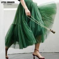gauze light luxurydark green princess skirtwomens summer new mesh solidcolor stitching large swing skirt sweet mid length skirt