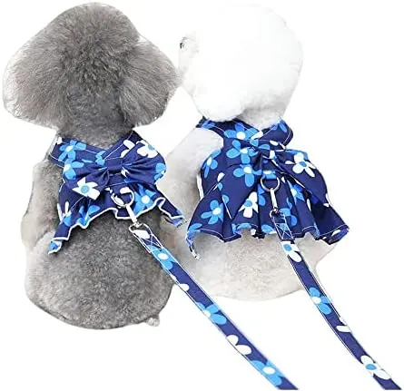 

2 Pieces Floral Princess Dog Dress Harness Dress with Leash Set,Flower Cotton and Polyester Breathable Pet Puppy Skirt