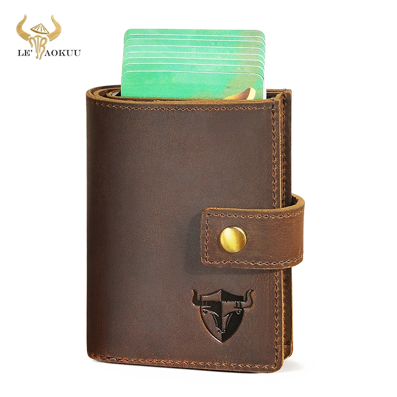 

New Retro Crazy Horse Leather Gift Small Slim Rfid Card Airtag Holder Cash Money Mini Handy Snap Wallet Purse For Men Male 1684