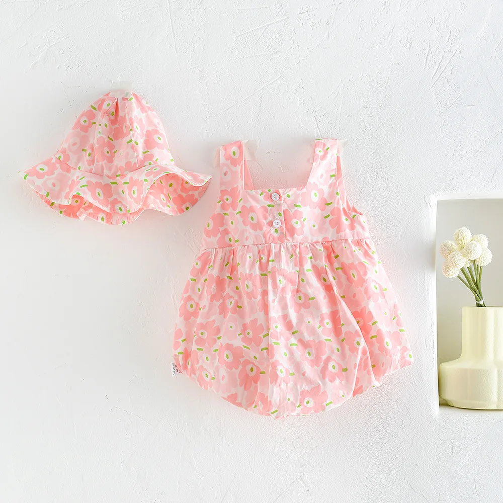 2022 Summer New Baby Girl Sleeveless Bodysuit + Hat Fashion Flower Print Princess Bow Clothes Infant Girl Jumpsuit 0-24M