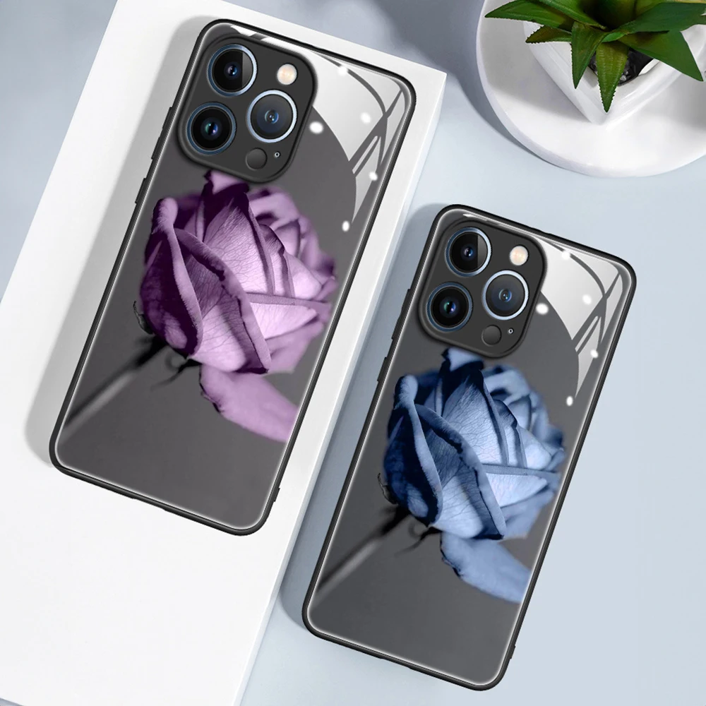 Роскошный разрисованный Розовый стеклянный чехол для iPhone 11 12 13 14 Promax X XR XSMAX, Мягкий противоударный полноразмерный защитный чехол из ТПУ