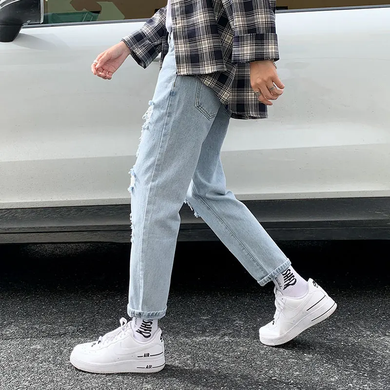Summer Slim Fit Jeans for Mens Streetwear Korean Designer Regular Distressed Denim Slim Homme Pants Hip Hop Hole Jeans Trousers