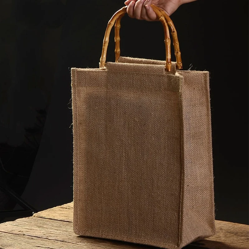 

Portable Burlap Jute Shopping Bag Handbag Bamboo Loop Handles Reusable Tote Grocery Bags for Women Girls