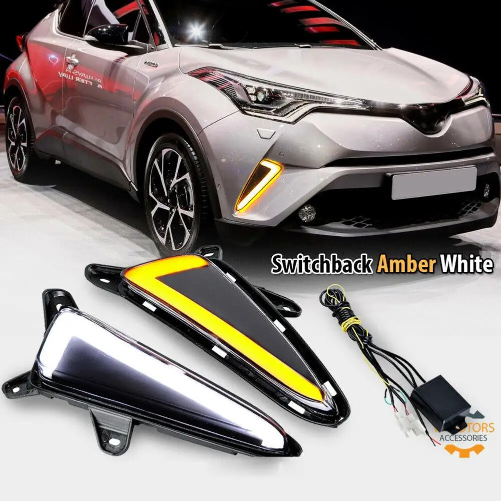

2pcs LED DRL Car Daytime Running Light Turn Signals Waterproof Auto Headlights White Yellow Fog Lights 12V for Toyota CHR 16-18