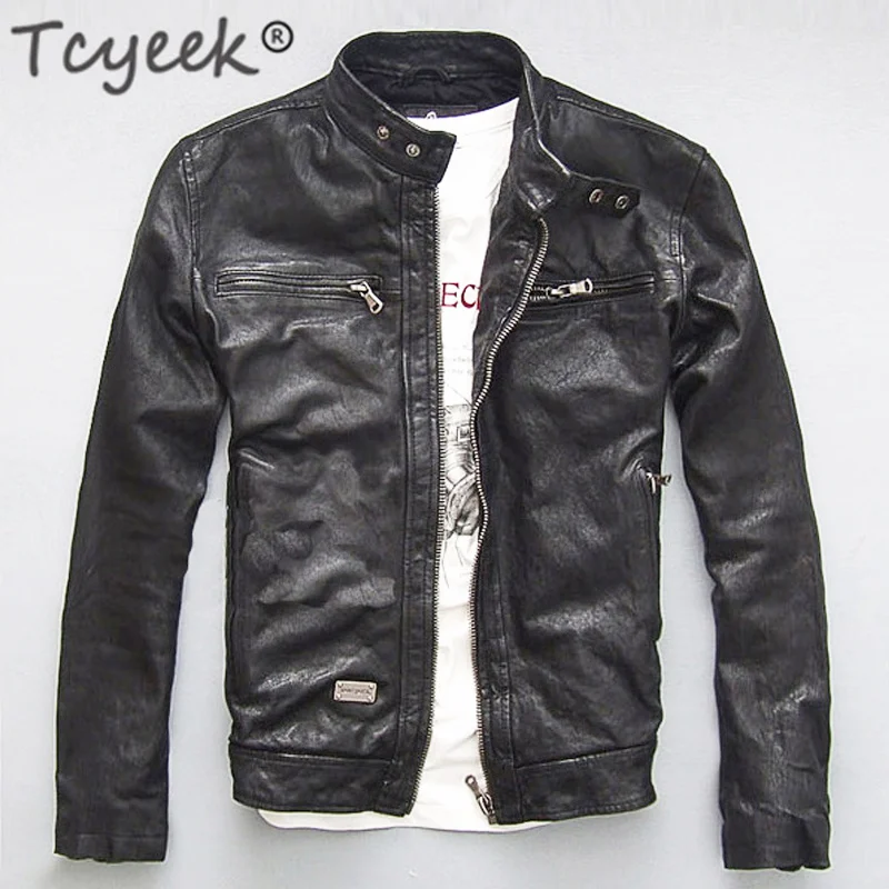 

Tcyeek Men's Genuine Leather Jacket Men Real Sheep Goat Black Brown Male Bomber Motorcycle Jackets Spring Autumn Mens Clothes L1