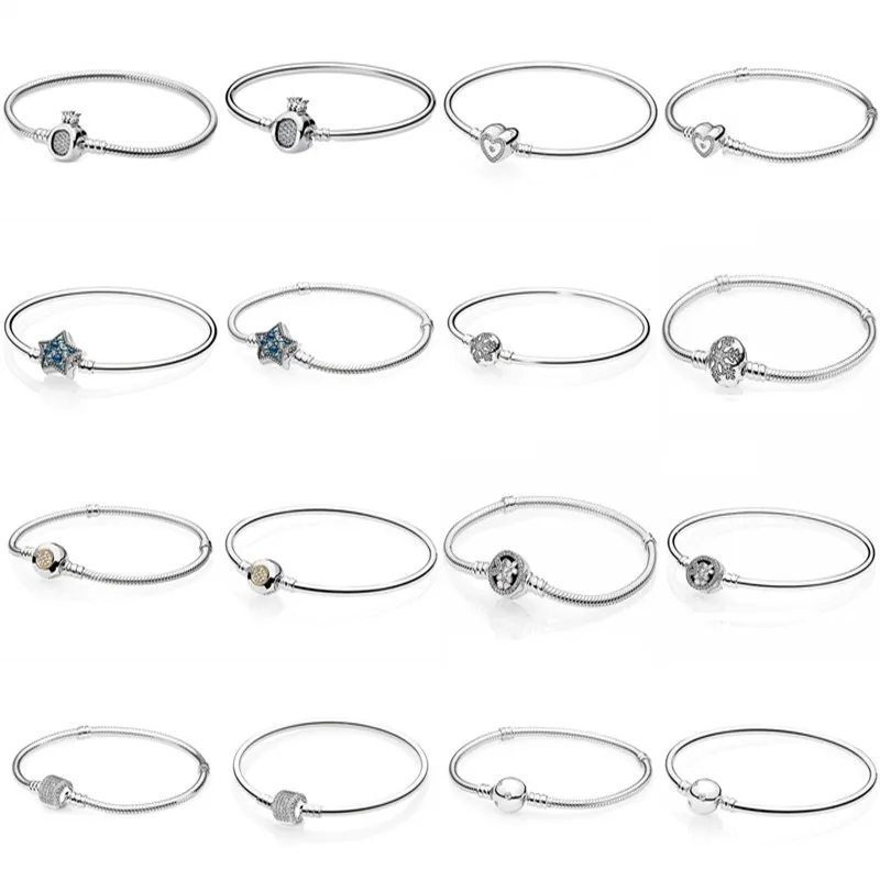 

Authentic 925 Sterling Silver Signature Clasp Crystal Snake Chain Bracelet Bangle Fit Women Bead Charm Diy Fashion Jewelry