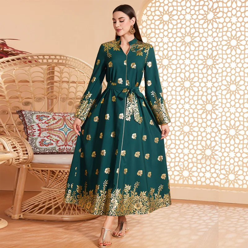 Мусульманское платье с v-образным вырезом и принтом для женщин Аравия Дубай Абая