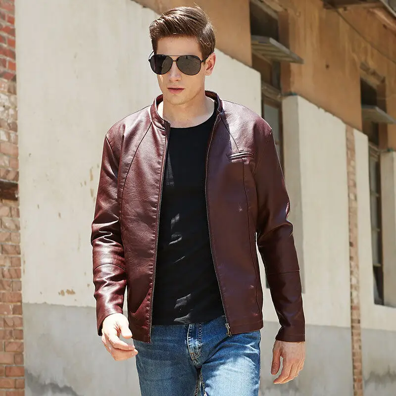 

WINSTAND Spring and Autumn Men's Stand Collar Plus Velvet Thick Zipper PU Leather Jacket Youth Motorcycle Leather Jacket Men